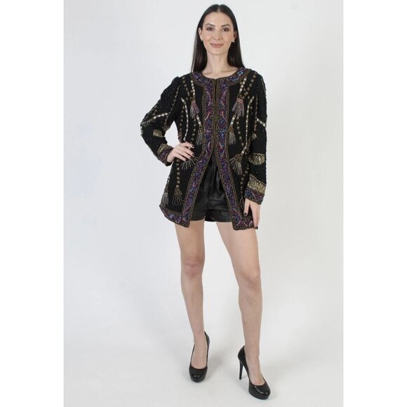 Vintage 80s Lawrence Kazar Womens Black Silk Beaded Sequin Tassel Jacket Size XL - Picture 2 of 16